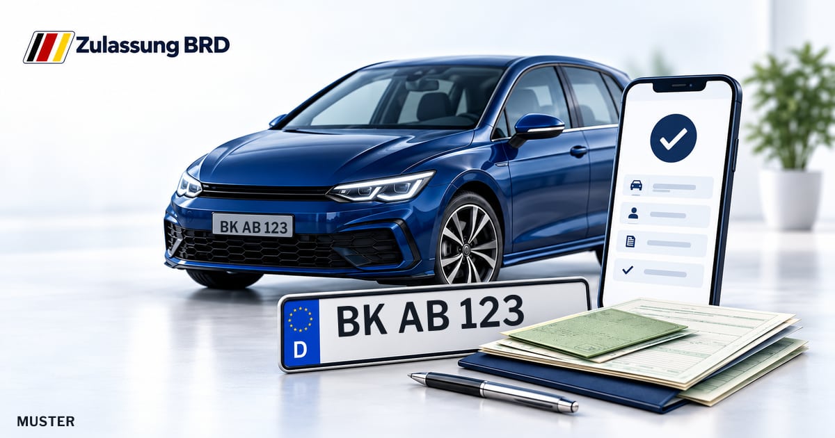 Online Fahrzeugzulassung in Gaildorf: Musterkennzeichen BK AB 123, Auto und Fahrzeugpapiere und Smartphone. Illustration mit Logo von Zulassung BRD.